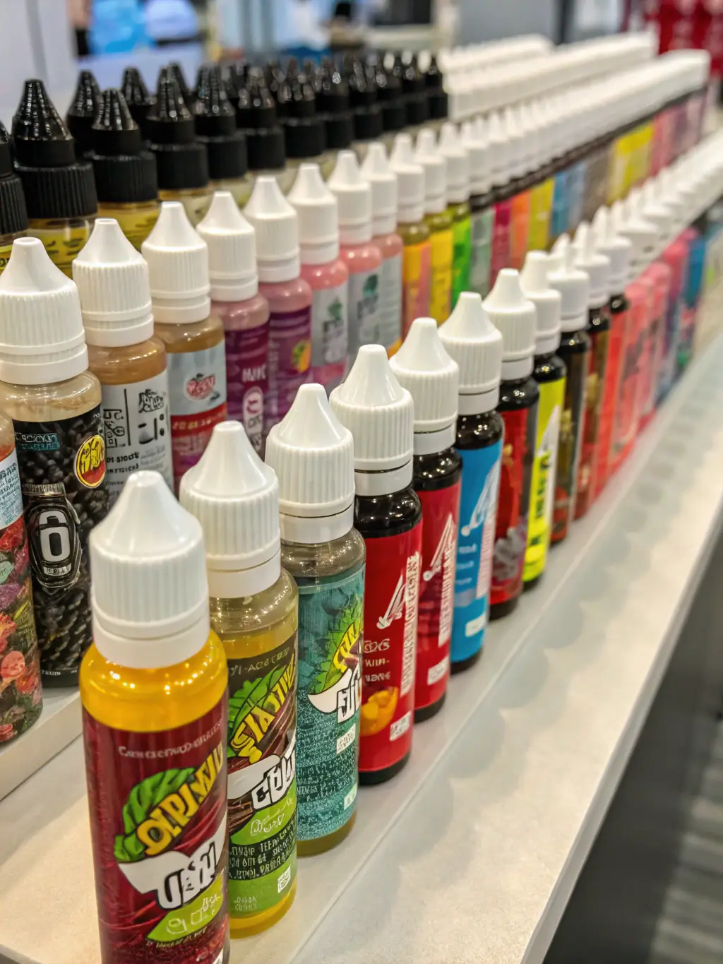 A colorful assortment of e-liquid bottles in various flavors, arranged to showcase the wide range of options available.