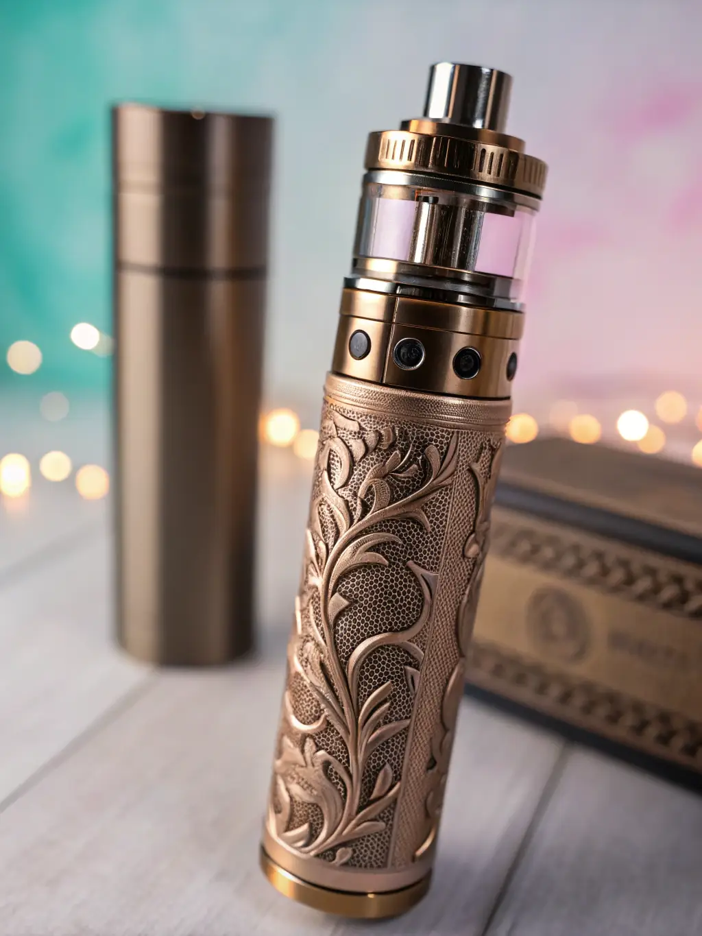 A high-quality image showcasing a variety of vaping devices, including pod systems, vape pens, and box mods, arranged neatly on a dark wooden surface to highlight their sleek designs and modern aesthetics.